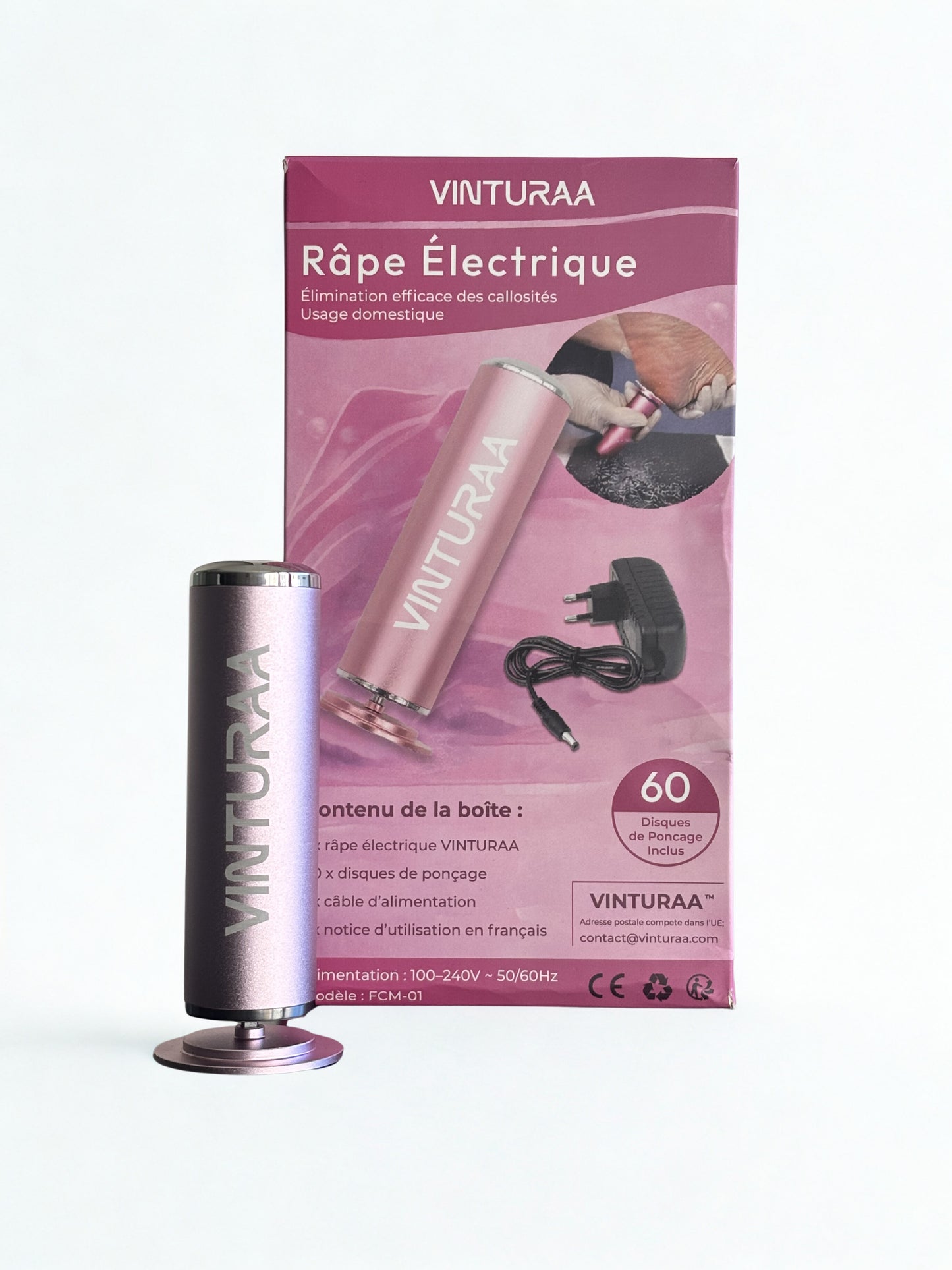 dissolvant callosités électrique VINTURAA avec 60 disques abrasifs pour une pédicure à domicile.