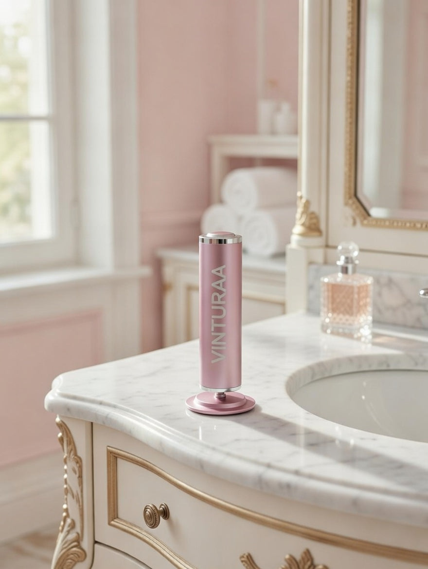 Dissolvant callosités électrique VINTURAA sur un plan de toilette en marbre, décor élégant.