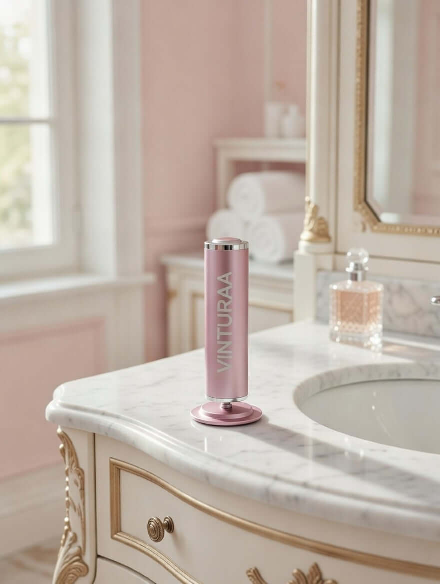 Dissolvant callosités électrique VINTURAA sur un plan de toilette en marbre, décor élégant.